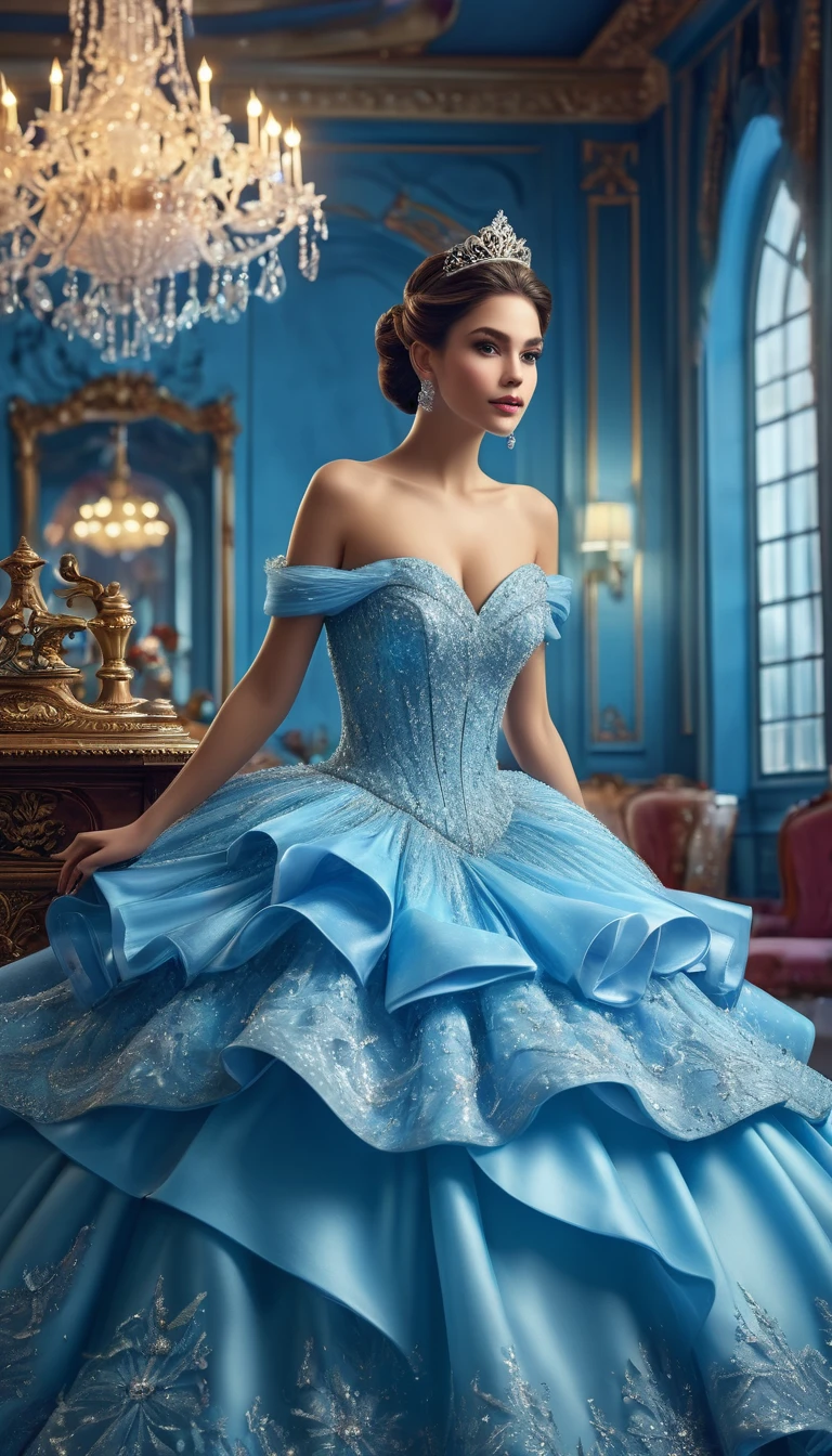 Create imaginative and amazing images demonstrating the style of ((Poster Style Princesscore)), hyper realistic, 8k, vibrant colors, sharp crisp image, princess, light blue ballgown with hoopskirt,high heels,big , very small waist,