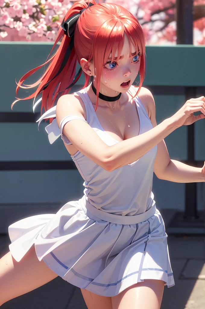 blue eyes, hair ornaments, Hair Ribbon,Show your forehead、Twin tails、 Random color tennis wear, clavicle, Thighs, blush,, Lace choker, short hair,,No bra,,Highly detailed skin, Highly detailed face, (beautiful Fine grain, the girl, Red cheeks), (A girl is standing), The girl is a cute 18-year-old tennis player., (Not wearing a bra, Knee socks、 The girl has a toned figure., Pink tennis wear, Sun visor,, Tennis court, ((I took the photo from the front、The girl contains the whole body)), flowing、Fine grain, Perfect functionality, ( Highest quality, good quality:1.4), Intricate details,Closely、Embarrassed expression、blush、Shining Sweat、Perfect Skin,Sweat is noticeable in the cleavage、、Thighsの汗が目立つ、 Fair skin,Tight waist, Sweating profusely、Sweaty hair、Sweaty clothes、Sweaty、Visible sweat、Sweat-soaked hair、Athlete System、cherry blossoms、Blonde、Silver Hair、Serve Form、Volley Form、Receive form、
