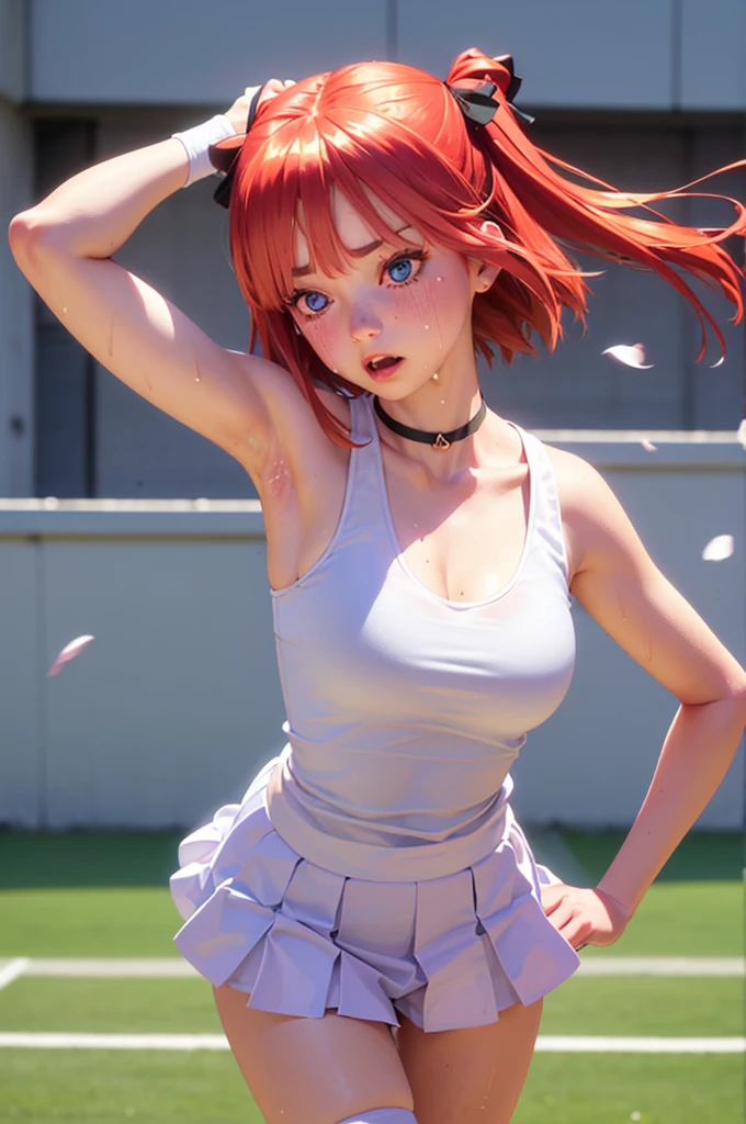 blue eyes, hair ornaments, Hair Ribbon,Show your forehead、Twin tails、 Random color tennis wear, clavicle, Thighs, blush,, Lace choker, short hair,,No bra,,Highly detailed skin, Highly detailed face, (beautiful Fine grain, the girl, Red cheeks), (A girl is standing), The girl is a cute 18-year-old tennis player., (Not wearing a bra, Knee socks、 The girl has a toned figure., Pink tennis wear, Sun visor,, Tennis court, ((I took the photo from the front、The girl contains the whole body)), flowing、Fine grain, Perfect functionality, ( Highest quality, good quality:1.4), Intricate details,Closely、Embarrassed expression、blush、Shining Sweat、Perfect Skin,Sweat is noticeable in the cleavage、、Thighsの汗が目立つ、 Fair skin,Tight waist, Sweating profusely、Sweaty hair、Sweaty clothes、Sweaty、Visible sweat、Sweat-soaked hair、Athlete System、cherry blossoms、Blonde、Silver Hair、Serve Form、Volley Form、Receive form、