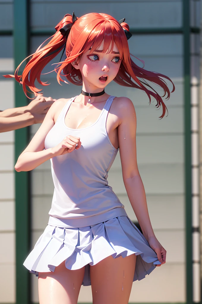 blue eyes, hair ornaments, Hair Ribbon,Show your forehead、Twin tails、 Random color tennis wear, clavicle, Thighs, blush,, Lace choker, short hair,,No bra,,Highly detailed skin, Highly detailed face, (beautiful Fine grain, the girl, Red cheeks), (A girl is standing), The girl is a cute 18-year-old tennis player., (Not wearing a bra, Knee socks、 The girl has a toned figure., Pink tennis wear, Sun visor,, Tennis court, ((I took the photo from the front、The girl contains the whole body)), flowing、Fine grain, Perfect functionality, ( Highest quality, good quality:1.4), Intricate details,Closely、Embarrassed expression、blush、Shining Sweat、Perfect Skin,Sweat is noticeable in the cleavage、、Thighsの汗が目立つ、 Fair skin,Tight waist, Sweating profusely、Sweaty hair、Sweaty clothes、Sweaty、Visible sweat、Sweat-soaked hair、Athlete System、cherry blossoms、Blonde、Silver Hair、Serve Form、Volley Form、Receive form、