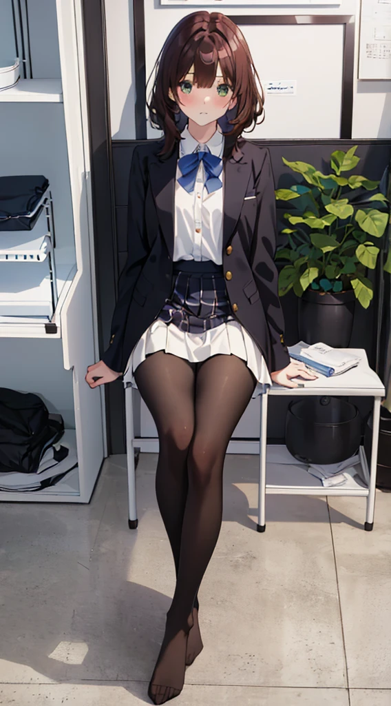 Top quality, masterpiece, High resolution, (Head to toe full body), front, frontやや下からの構図, Symmetric, Tall 18 year old girl, alone, (Head to toe), (Small breasts), Unkempt brown hair, bangs, (black tights), (Black Pantyhose), (Sit with your legs apart), (Crouching pose), (A composition showing white panties), (Her legs were spread、I see your white pants.), (I was made to sit on the floor with my legs spread..), (M-shaped legs), Thin legs, A very beautiful and tall 18 year old girl, (No shoes), blush, Shy big eyes, looking at the camera, Blazer Uniform, Checkered Pleated Skirt