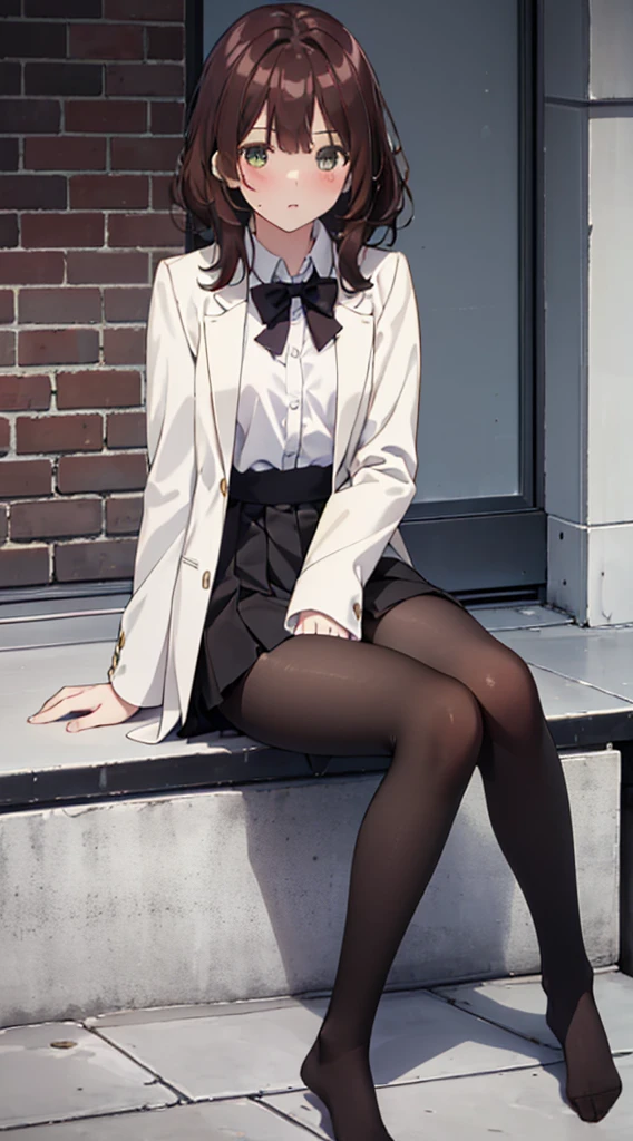 Top quality, masterpiece, High resolution, (Head to toe full body), front, frontやや下からの構図, Symmetric, Tall 18 year old girl, alone, (Head to toe), (Small breasts), Unkempt brown hair, bangs, (black tights), (Black Pantyhose), (Sit with your legs apart), (Crouching pose), (A composition showing white panties), (Her legs were spread、I see your white pants.), (I was made to sit on the floor with my legs spread..), (M-shaped legs), Thin legs, A very beautiful and tall 18 year old girl, (No shoes), blush, Shy big eyes, looking at the camera, Blazer Uniform, Checkered Pleated Skirt