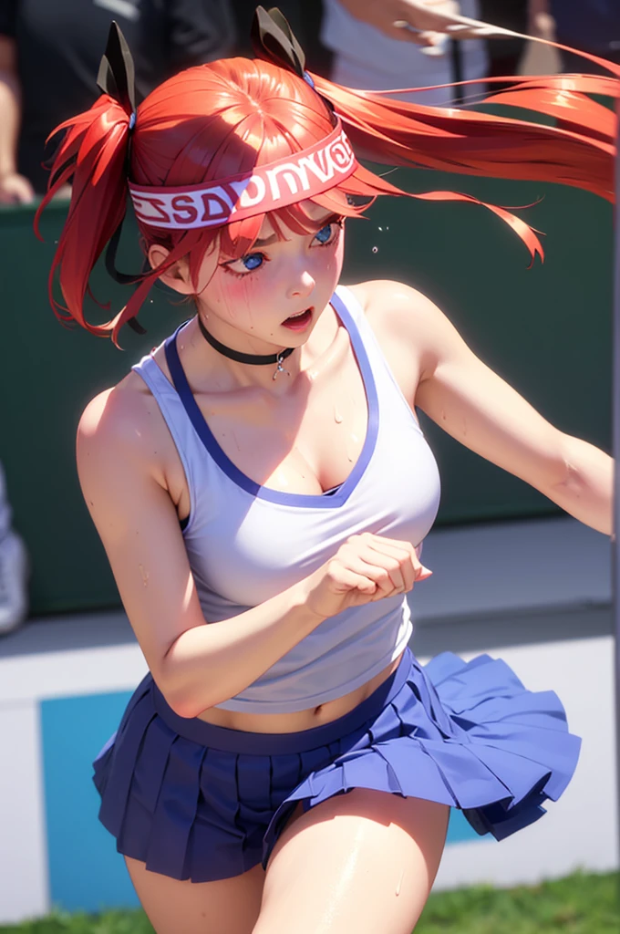 blue eyes, hair ornaments, Hair Ribbon,Show your forehead、Twin tails、 Random color tennis wear, clavicle, Thighs, blush,, Lace choker, short hair,,No bra,,Highly detailed skin, Highly detailed face, (beautiful Fine grain, the girl, Red cheeks), (A girl is standing), The girl is a cute 18-year-old tennis player., (Not wearing a bra, Knee socks、 The girl has a toned figure., Pink tennis wear, Sun visor,, Tennis court, ((I took the photo from the front、The girl contains the whole body)), flowing、Fine grain, Perfect functionality, ( Highest quality, good quality:1.4), Intricate details,Closely、Embarrassed expression、blush、Shining Sweat、Perfect Skin,Sweat is noticeable in the cleavage、、Thighsの汗が目立つ、 Fair skin,Tight waist, Sweating profusely、Sweaty hair、Sweaty clothes、Sweaty、Visible sweat、Sweat-soaked hair、Athlete System、cherry blossoms、Blonde、Silver Hair、Serve Form、Volley Form、Receive form、