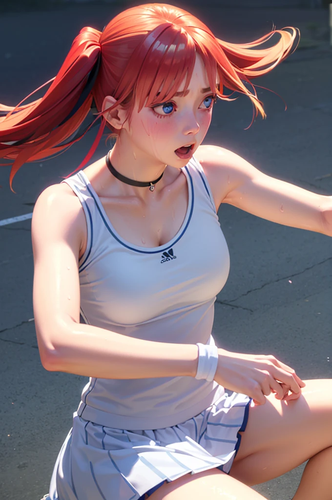 blue eyes, hair ornaments, Hair Ribbon,Show your forehead、Twin tails、 Random color tennis wear, clavicle, Thighs, blush,, Lace choker, short hair,,No bra,,Highly detailed skin, Highly detailed face, (beautiful Fine grain, the girl, Red cheeks), (A girl is standing), The girl is a cute 18-year-old tennis player., (Not wearing a bra, Knee socks、 The girl has a toned figure., Pink tennis wear, Sun visor,, Tennis court, ((I took the photo from the front、The girl contains the whole body)), flowing、Fine grain, Perfect functionality, ( Highest quality, good quality:1.4), Intricate details,Closely、Embarrassed expression、blush、Shining Sweat、Perfect Skin,Sweat is noticeable in the cleavage、、Thighsの汗が目立つ、 Fair skin,Tight waist, Sweating profusely、Sweaty hair、Sweaty clothes、Sweaty、Visible sweat、Sweat-soaked hair、Athlete System、cherry blossoms、Blonde、Silver Hair、Serve Form、Volley Form、Receive form、
