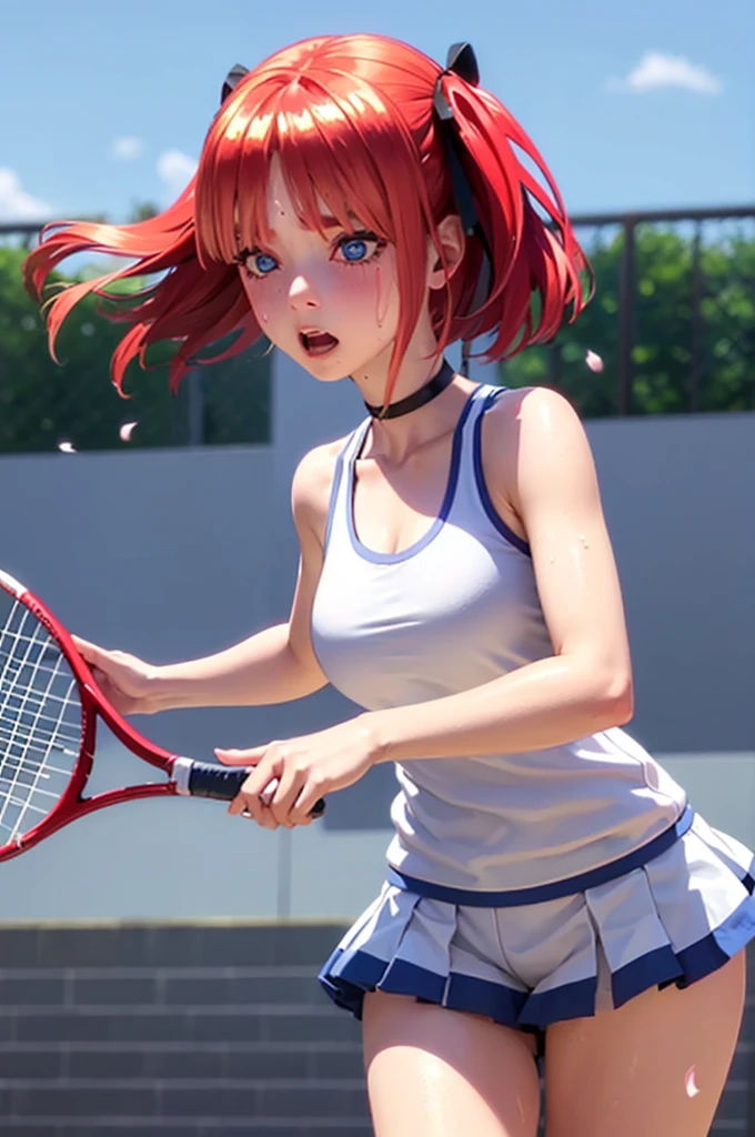 blue eyes, hair ornaments, Hair Ribbon,Show your forehead、Twin tails、 Random color tennis wear, clavicle, Thighs, blush,, Lace choker, short hair,,No bra,,Highly detailed skin, Highly detailed face, (beautiful Fine grain, the girl, Red cheeks), (A girl is standing), The girl is a cute 18-year-old tennis player., (Not wearing a bra, Knee socks、 The girl has a toned figure., Pink tennis wear, Sun visor,, Tennis court, ((I took the photo from the front、The girl contains the whole body)), flowing、Fine grain, Perfect functionality, ( Highest quality, good quality:1.4), Intricate details,Closely、Embarrassed expression、blush、Shining Sweat、Perfect Skin,Sweat is noticeable in the cleavage、、Thighsの汗が目立つ、 Fair skin,Tight waist, Sweating profusely、Sweaty hair、Sweaty clothes、Sweaty、Visible sweat、Sweat-soaked hair、Athlete System、cherry blossoms、Blonde、Silver Hair、Serve Form、Volley Form、Receive form、
