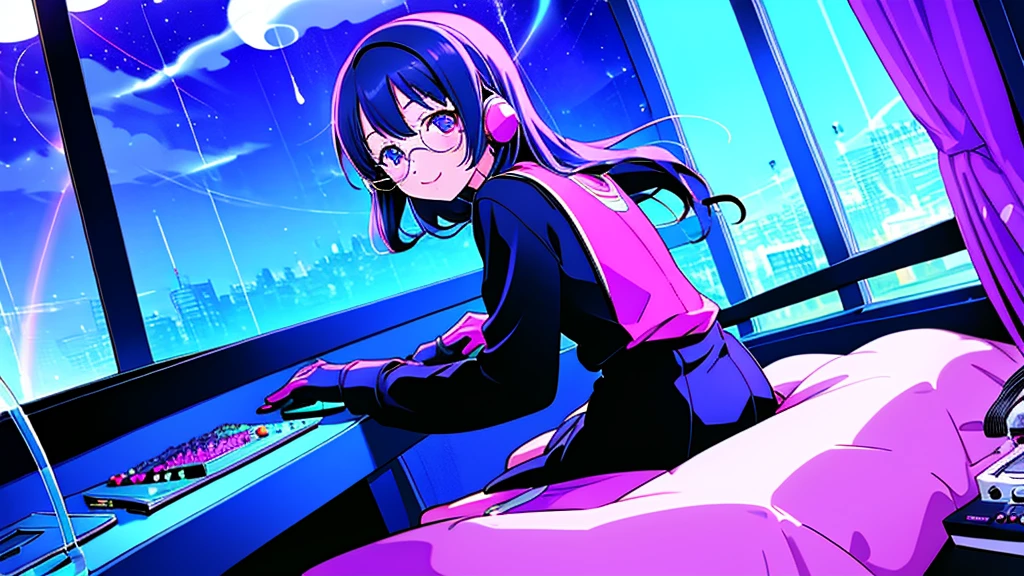 (from behind), Anime girl sitting in front of a computer in a cozy bedroom, Girl listening to music while studying in a cozy room (night), round glasses, Using headphones, on the roof, (beautiful night views from windows), lots of things, 2D anime style, The aesthetics of anime in the 90s, lo-fi, long hair, very detailed, Hard disk, A mix of anime style and Fujifilm, surreal, 8K, masterpiece, violet eyes,black gloves, round glasses, long sleeves,violet hair, Flat Chest, smile, pantyhose