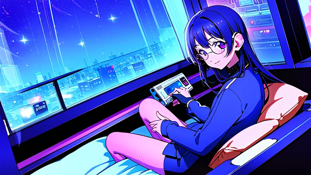 (from behind), Anime girl sitting in front of a computer in a cozy bedroom, Girl listening to music while studying in a cozy room (night), round glasses, Using headphones, on the roof, (beautiful night views from windows), lots of things, 2D anime style, The aesthetics of anime in the 90s, lo-fi,  long hair, very detailed, Hard disk, A mix of anime style and Fujifilm, surreal, 8K, masterpiece, violet eyes,black gloves, round glasses, long sleeves,violet hair, Flat Chest, smile, pantyhose