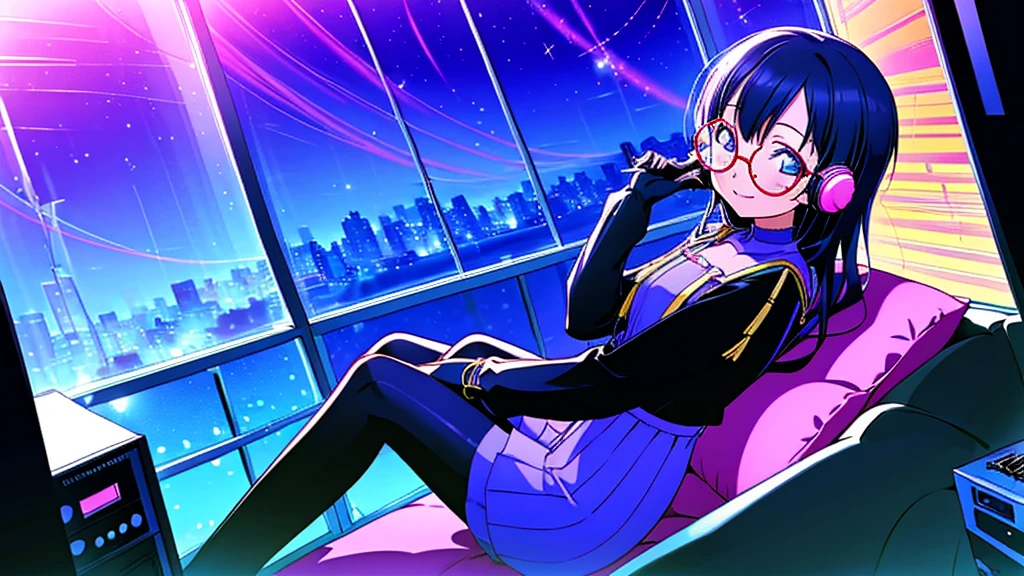 (from behind), Anime girl sitting in front of a computer in a cozy bedroom, Girl listening to music while studying in a cozy room (night), round glasses, Using headphones, on the roof, (beautiful night views from windows), lots of things, 2D anime style, The aesthetics of anime in the 90s, lo-fi, long hair, very detailed, Hard disk, A mix of anime style and Fujifilm, surreal, 8K, masterpiece, violet eyes,black gloves, round glasses, long sleeves,violet hair, Flat Chest, smile, pantyhose