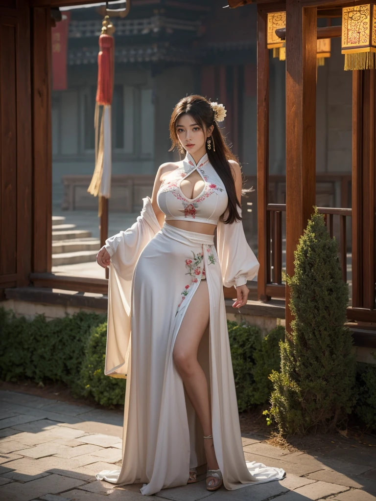 Highly detailed CG unit 8K wallpaper, masterpiece, High resolution, highest quality, highest quality real texture skin, Super Real, Digital Painting, Best image quality, 最High resolution, 8K, (((1 girl))), Very beautiful teenager, ((Highly detailed eyes and face)), Beautiful eyes in every detail, Full Body Shot, chinese style embroidery, China dress, (gigantic breasts, sagging breasts, disproportionate breasts, huge breasts, sagging breasts, curvy),