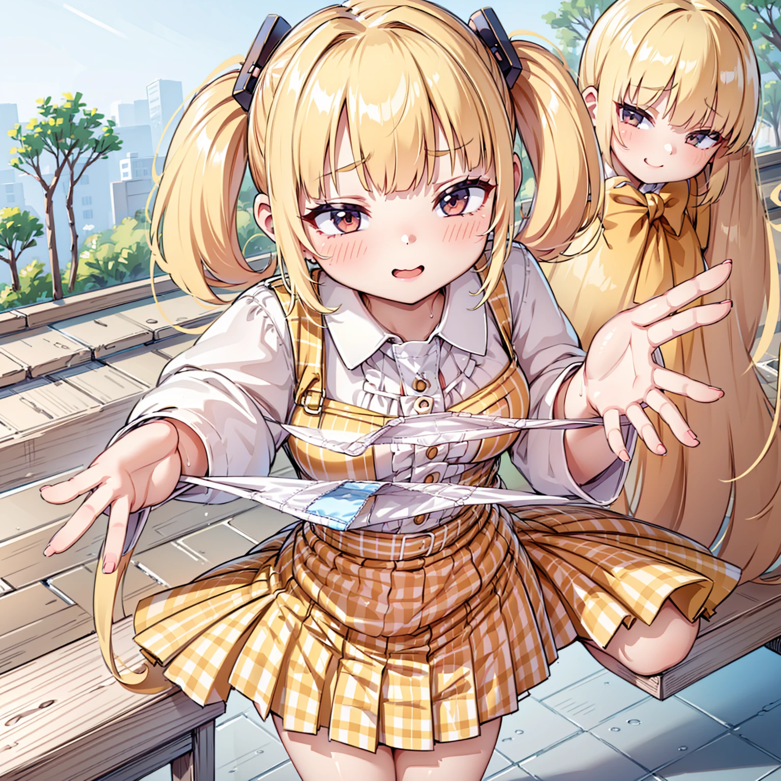 blonde, {{{Half Twin Tail:1.3}}}、shirt, blush, white shirt, hair ornaments, Manicure, Plaid skirt, Pleated skirt,
,Pay attention to the panties,
Looking down,View your audience,Panties as a gift,Tabletop, Highest quality, Perfect Skin, Detailed skin texture, Super detailed, 8K, Intricate details, Beautifully detailed face,High resolution,
Looking down at the viewer, masterpiece, (Panties are stained with pee)、(Pussy、Love Juice)、(body odor),perfect hands,(((1 girl)))