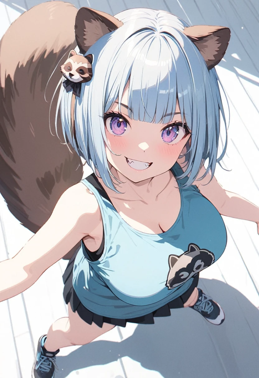 (best quarity,ultra detailed,ultra-high-resolution, absolutely resolution,8k, masterpiece),anime,(pale colors:1.8),long shot, 1girl, solo, fullbody, cat mouth, dynamic angle, grin, smile, fang, hard dancing, blue hair, bobcut, straight hair, racoon ears, racoon tail, (brown streaked hair:1.3), (blunt bangs) ,thick eyebrows, big breast, tanktop, sneakers, racoon tattoo, cutout, flower hair ornament, striped background, shadow,