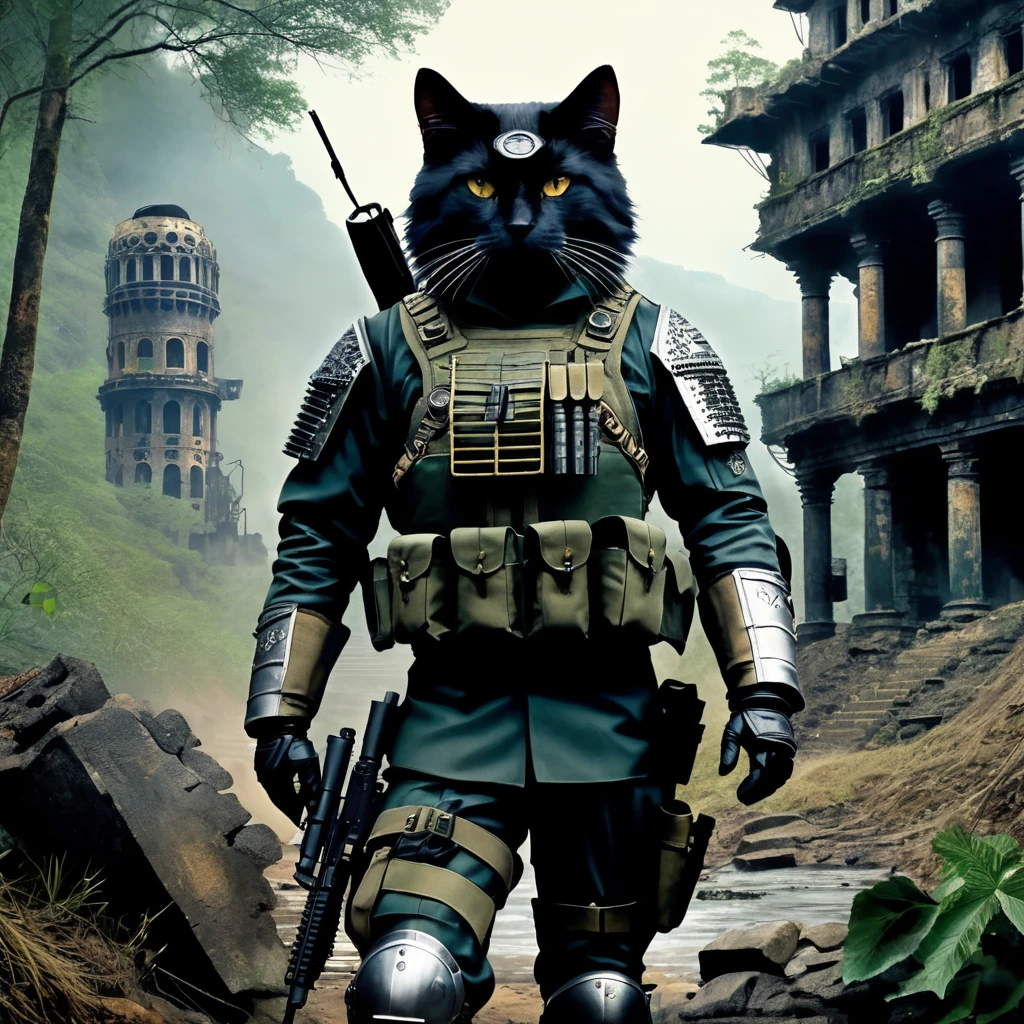 Dystopian Cat, (Adventurer's Costume), wealthy_Dense forest, Spectacular ruins, Amazing details, Great quality, masterpiece, . dark, Post-apocalyptic, dark, dramatic, Man in highly detailed military uniform、Equipped with a machine gun、Equipped with a complex gear mechanism, dramaticな明暗法, The essence of realistic oil painting, Reminiscent of Raphael&#39;work, Caravaggio, Greg Rutkowski, Beep, Beksinski, Giger, Ultra-fine detail.rendering in the unreal engine, Ultra-Realistic Details. Surrealism. Dramatic lighting