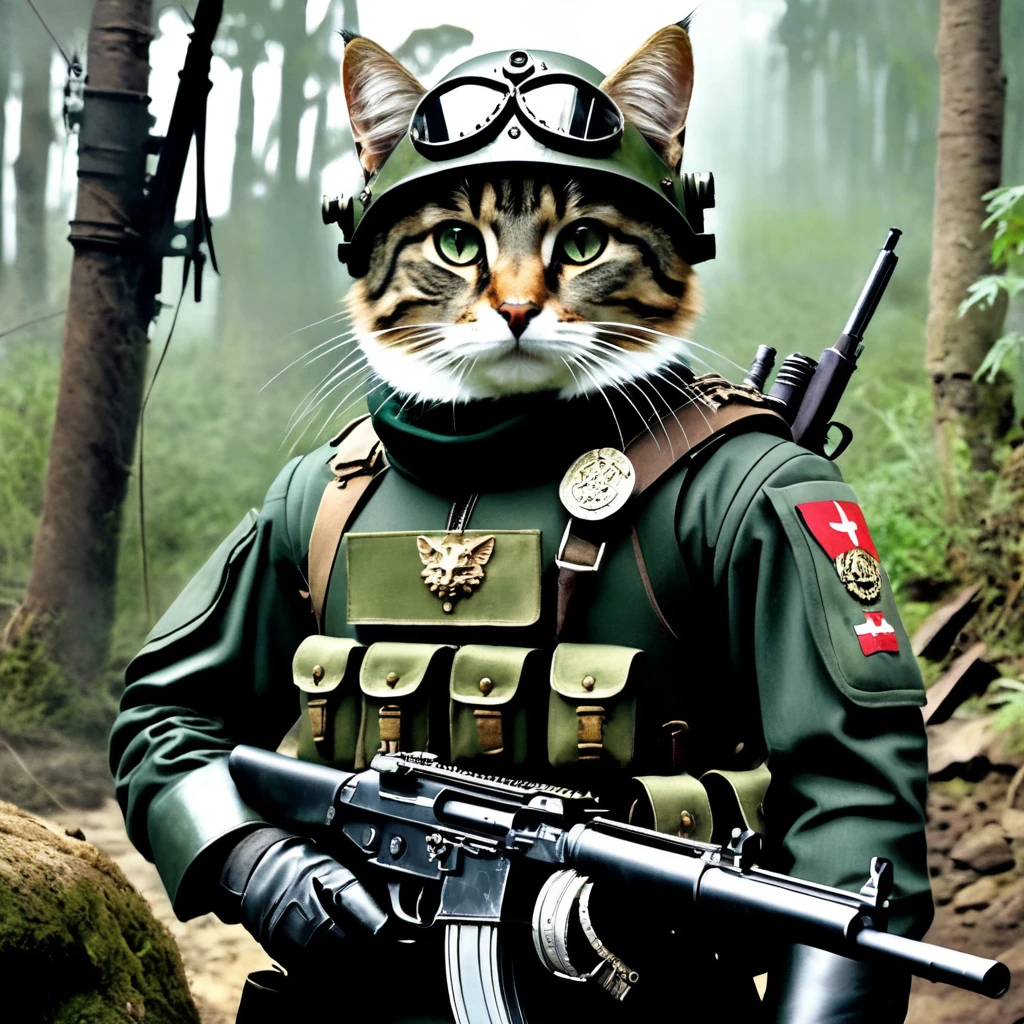 Dystopian Cat, (Adventurer's Costume), wealthy_Dense forest, Spectacular ruins, Amazing details, Great quality, masterpiece, . dark, Post-apocalyptic, dark, dramatic, Man in highly detailed military uniform、Equipped with a machine gun、Equipped with a complex gear mechanism, dramaticな明暗法, The essence of realistic oil painting, Reminiscent of Raphael'work, Caravaggio, Greg Rutkowski, Beep, Beksinski, Giger, Ultra-fine detail.rendering in the unreal engine, Ultra-Realistic Details. Surrealism. Dramatic lighting