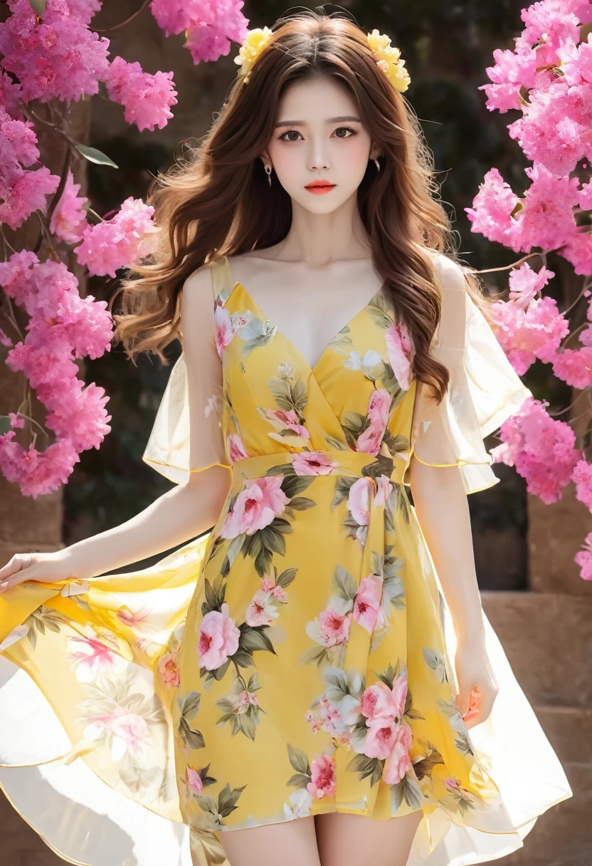 An image of a woman who calmly loves, Detailed medium brown hair, Bright yellow detailed eyes with long eyelashes, White short dress with pink floral print, Detailed brown high heel sandals. full body image. shoes foot