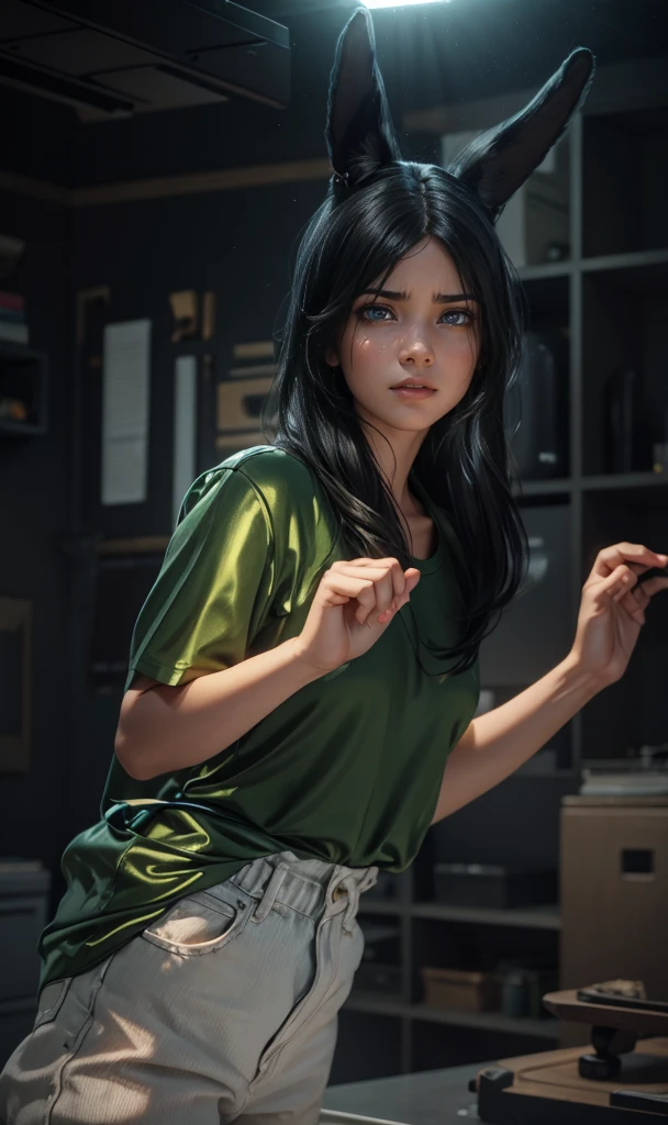 (masterpiece), (best quality), (ultra-detailed), (full body:1.2), A young girl with black hair and a green shirt is crying. Her hands are clenched into fists, Bright color palette, Natural light, Simple background with pure color, Octane render, Trending on Artstation, Gorgeous, Ultra wide angle, 8k, HD, Realistic, cute baby chibi anime, , smooth 3d model, glossy plastic texture, multiple light sources, rim light, sharp post effects render, most beautiful vfx, , realistic, 4k, high resolution, rim light, smooth 3d model. , glossy texture, smooth 3d model, multiple light sources, rim light, sharp post effects render, (glossy plastic texture with multiple big light probe refractions), perfect cgi, reflective, best quality, 4k, masterpiece:1.2, ultra-detailed, realistic, vivid colors, The image of the highest quality, ensuring every detail showcased perfectly. It in 4k resolution, allowing viewers to immerse themselves in the richness of the colors and intricate details. The realistic rendering. under the spotlight, reflecting, high-resolution image, realistic rendering