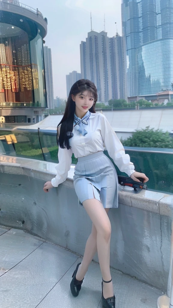 A beautiful Sichuan girl,20 years old,young and beautiful,Airline stewardess,穿着Airline stewardess服装,Stand on the high street,Gentle and charming,Correct human body structure,Correct anatomy,(Natural eyes:1.8),Exquisite facial features,Smile,Hip skirt,High heel,Sexy,Elegant posture