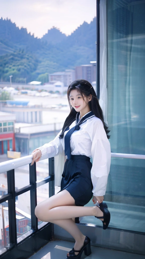 A beautiful Sichuan girl，20 years old，young and beautiful，Airline stewardess，穿着Airline stewardess服装，Stand on the high street，Gentle and charming，Correct human body structure，Correct anatomy，（Natural eyes：1.8），Exquisite facial features，Smile，Hip skirt，High heel，Sexy，Elegant posture