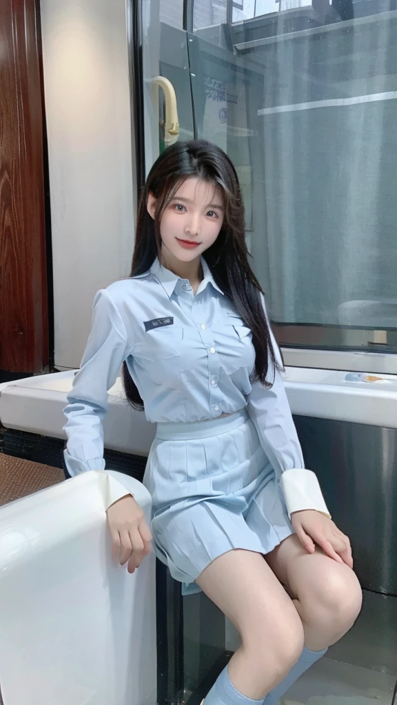 A beautiful Sichuan girl,20 years old,young and beautiful,Airline stewardess,穿着Airline stewardess服装,Stand on the high street,Gentle and charming,Correct human body structure,Correct anatomy,(Natural eyes:1.8),Exquisite facial features,Smile,Hip skirt,High heel,Sexy,Elegant posture