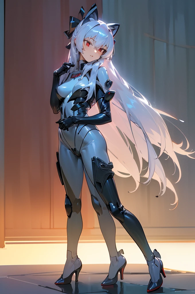 ((detailed), high_quality, master_quality, (realistic), (side), wet, 8k, masterpiece, (Tokarev), silver_hair, long_hair, red_eyes, sexy, slim_figure, (fortified_suit), bodysuit, (Cryska Barchenowa), high_heels, pistol_on_th_hip, dynamic_lightning, villain