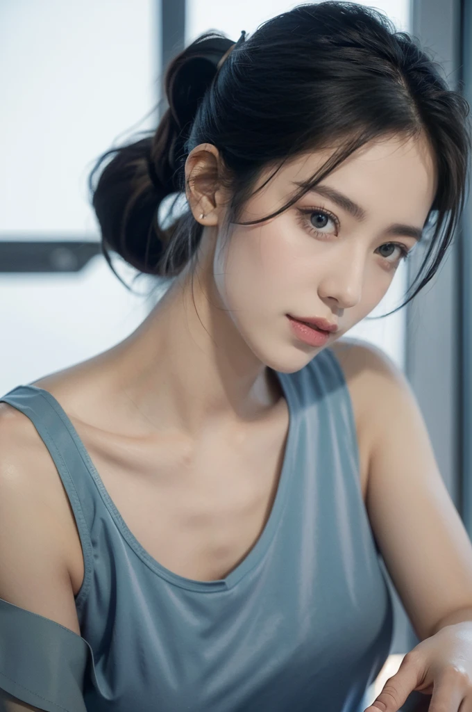 (((best quality))),(((ultra detailed))),(((masterpiece))),illustration,((1girl, female, Air Force commander,solo)),(short ponytail:1.2),((slim,thin)),((small breasts,flat chest)),poised, confidence, authority,(blue tank top:1.3),piercing eyes, control panel, military airport, soldiers, duties, fighter jets, clear sky, engine roar, excitement, energy, control room, monitors, switches, mosaic colors, expertise, pilots, headset, calm voice, strong presence, attention, respect, leadership, dedication, courage, bravery, women in military, inner strength, resilience, inspiration,((from front,close-up of face))