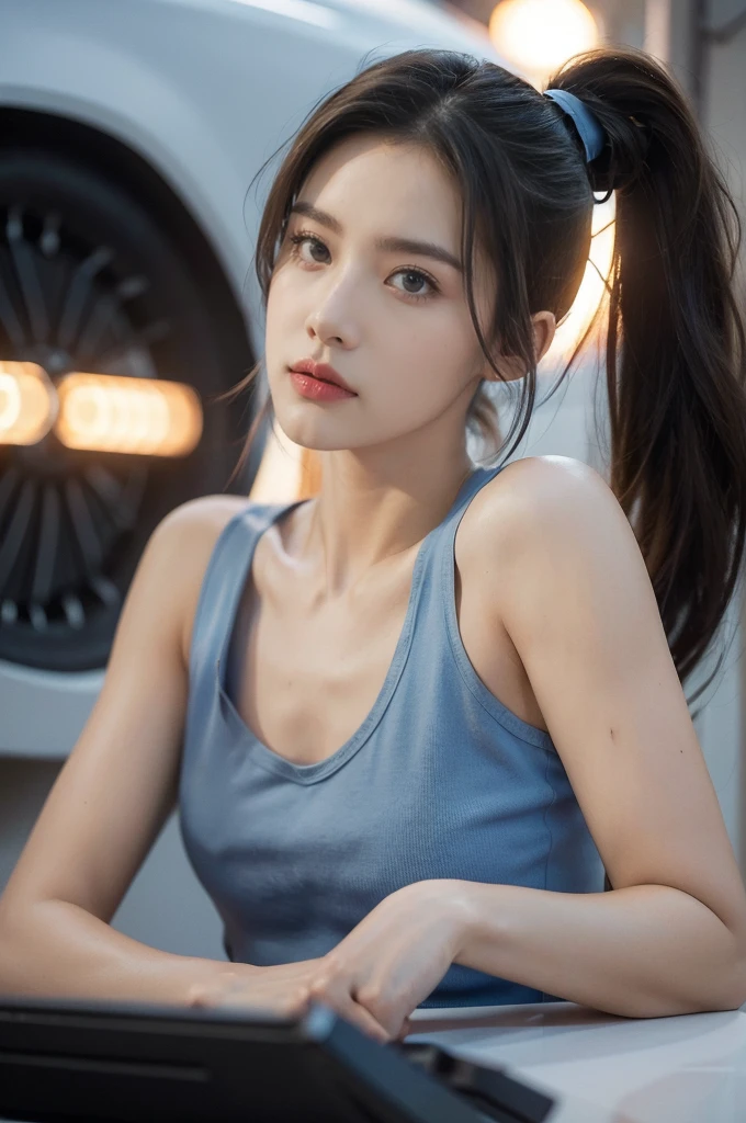 (((best quality))),(((ultra detailed))),(((masterpiece))),illustration,((1girl, female, Air Force commander,solo)),(short ponytail:1.2),((slim,thin)),((small breasts,flat chest)),poised, confidence, authority,(blue tank top:1.3),piercing eyes, control panel, military airport, soldiers, duties, fighter jets, clear sky, engine roar, excitement, energy, control room, monitors, switches, mosaic colors, expertise, pilots, headset, calm voice, strong presence, attention, respect, leadership, dedication, courage, bravery, women in military, inner strength, resilience, inspiration,((from front,close-up of face))