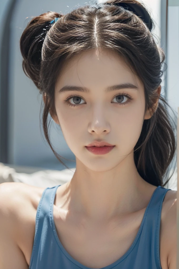 (((best quality))),(((ultra detailed))),(((masterpiece))),illustration,((1girl, female, Air Force commander,solo)),(short ponytail:1.2),((slim,thin)),((small breasts,flat chest)),poised, confidence, authority,(blue tank top:1.3),piercing eyes, control panel, military airport, soldiers, duties, fighter jets, clear sky, engine roar, excitement, energy, control room, monitors, switches, mosaic colors, expertise, pilots, headset, calm voice, strong presence, attention, respect, leadership, dedication, courage, bravery, women in military, inner strength, resilience, inspiration,((from front,close-up of face))