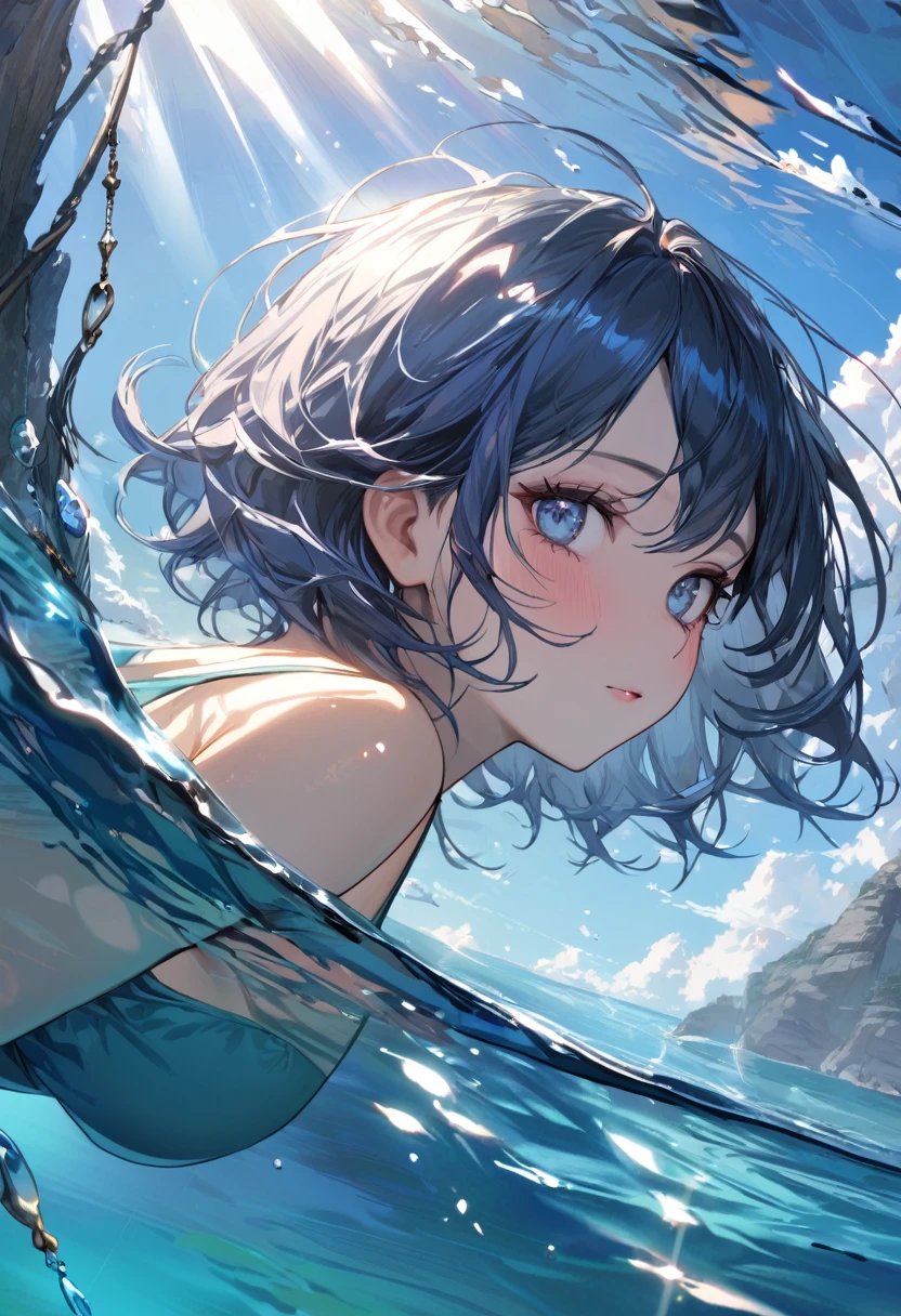 (Masterpiece, BestQuality), ((Portrait of girl floating in the crystal clear waters of Lampedusa)), Highly transparent sea,In the background is a beautiful landscape with a blue sky and sunlight shining on the sea,detailed beautiful scenery,BREAK (,detailed face,(darkblue wavy-short hair),eyebrows,middle small breasts),