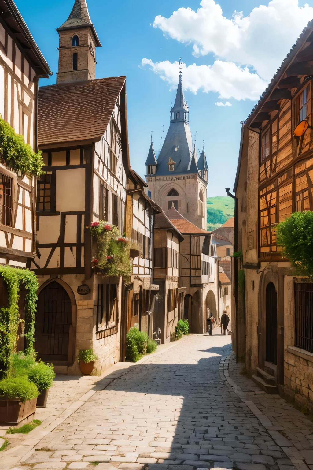 An image of a medieval European townscape made even older. Make it more anime-like, like a reincarnation in another world.