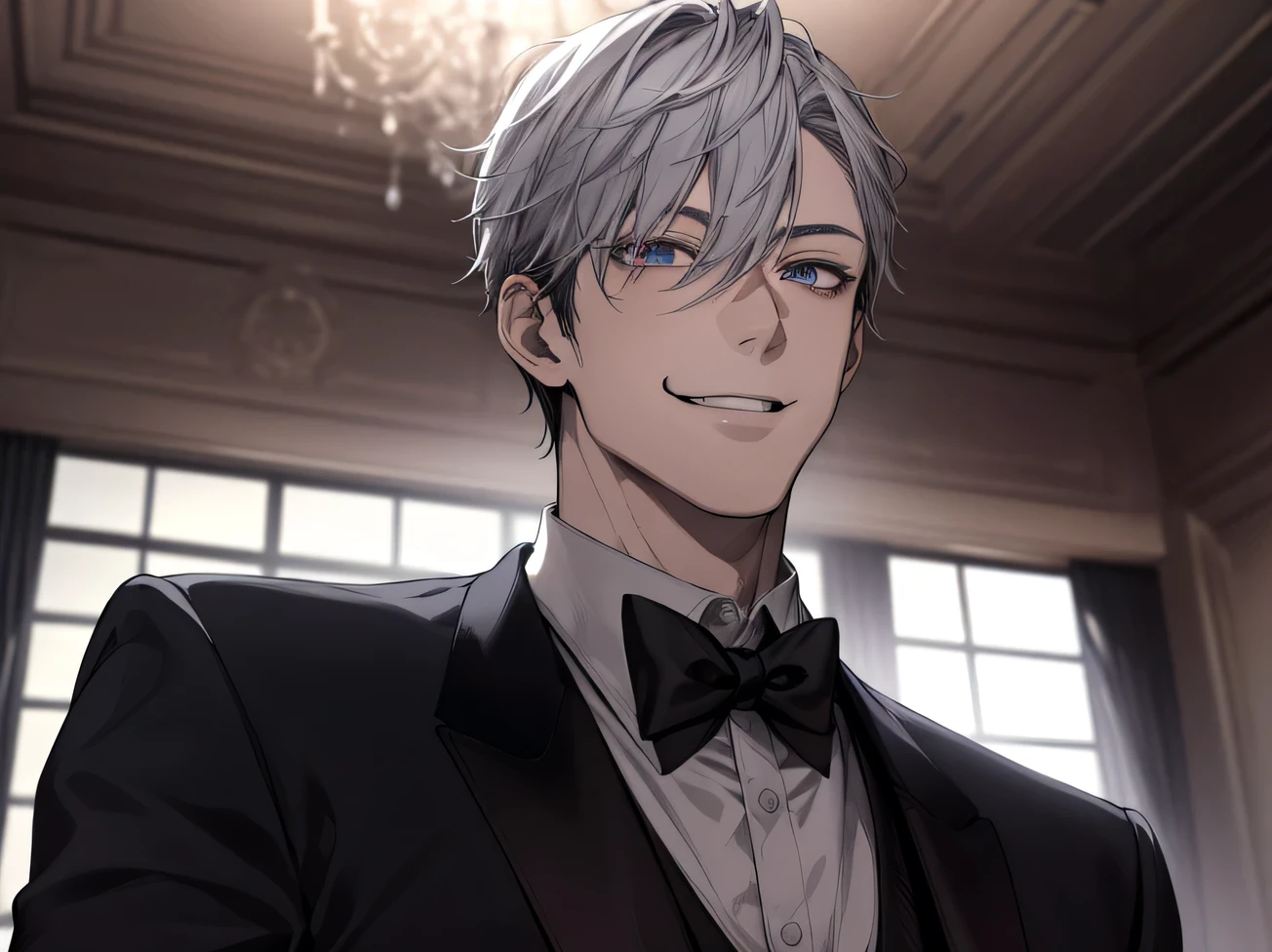 (Dark Room)、Night atmosphere,Dynamic Angle,masterpiece,Face close-up,Angle from below,male, 40 years old,(male1 person)、alone,Adult,Sharp Eye,Evil ,Gray Hair,,Kakiage,Nice black tuxedo,Wear gloves, smile,night,Mansion rooms