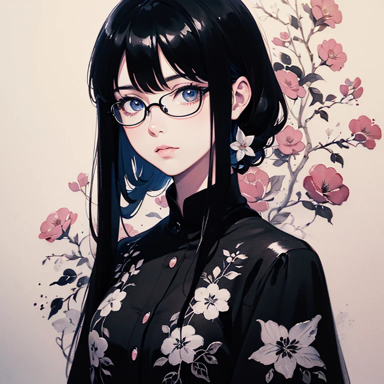 (masterpiece),(Highest quality:1.2),(8K Anime),1 Girl,Beautiful and delicate eyes,(Beautiful silky black hair:1.2), black dress with flowers,(Realistic),Detailed skin, Unfairly Beautiful,((Ink painting floral background)),White Theme,Cinema Lighting,Body Shot,High Contrast,Glasses