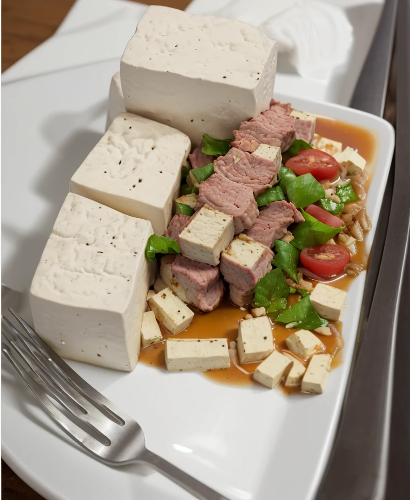 white plate，tofu，meat，lunch