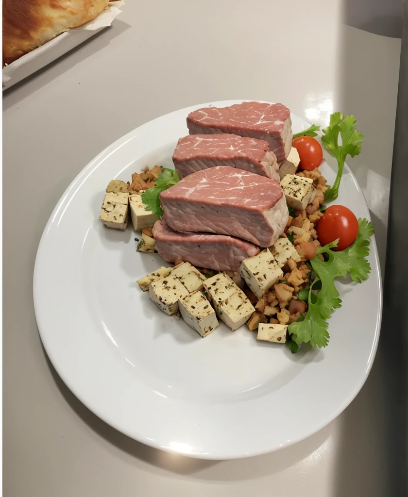 white plate，tofu，meat，lunch