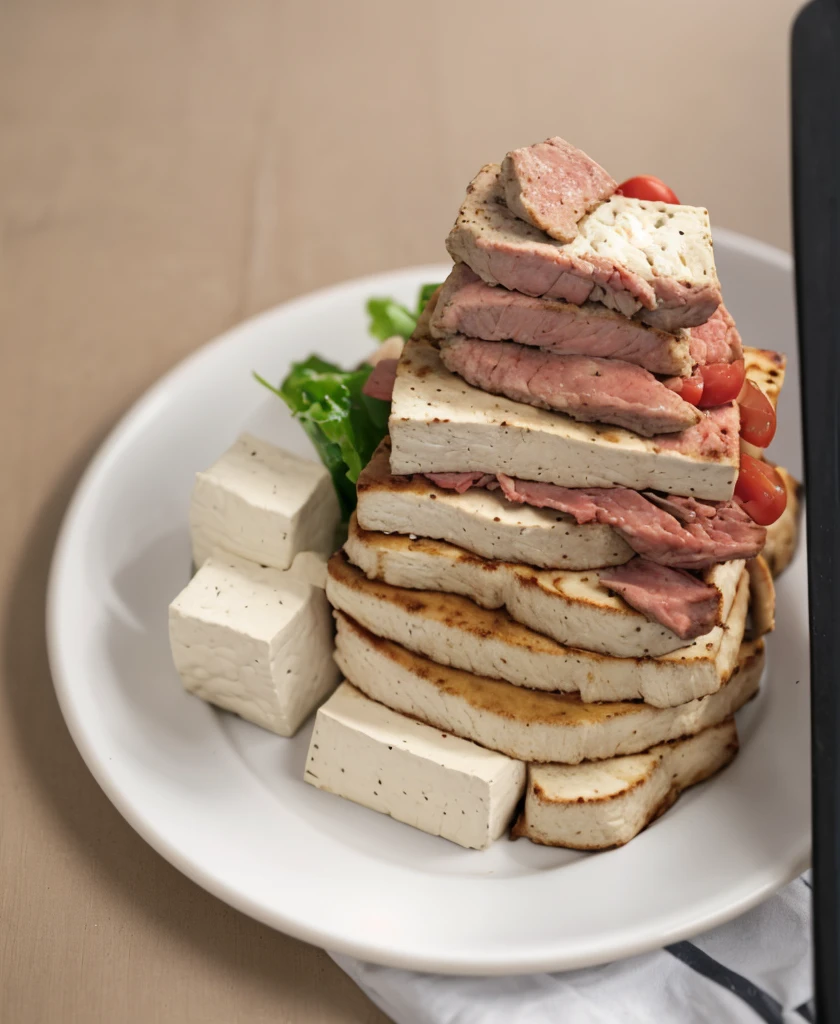 white plate,tofu,meat,lunch