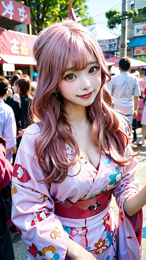 An anime-style illustration of the same woman with long pink hair and E-cup breasts, happily greeting someone (viewer’s perspective) at a festival. She is still in her yukata, with colorful stalls and a lively festival crowd in the background.