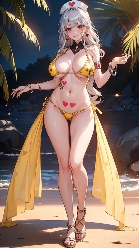 ((Masterpiece, super high definition, ultra high definition, 8K picture quality)), 1 beautiful woman, (((shining silver shoulder length hair))), (((bright wavy hair))), (((bangs))) (heart shaped eyes) (((shining clear red eyes))), ((very long eyelashes)) (orgasms) (((yellow sequined micro bikini))), (((yellow thong))), (((very big breasts, skinny body))), (((charming smile))), (((sexy pose, full body standing))), (((nurse cap with printed heart symbol, cute design earrings, bangles, bracelet, rings))), Summer beach,

