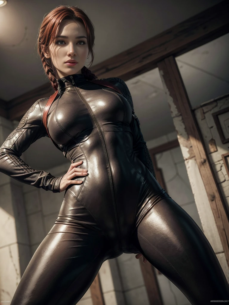 (masterpiece), (best qulaity), (photorealestic: 1,3), 8K, detailed skin texture, beautiful detailed face, Intricate detailing, ultradetailed, Lara croft , Catsuit im stil von catwoman, simple red hair, (Full-length body: 1,2), cameltoe, big breasts