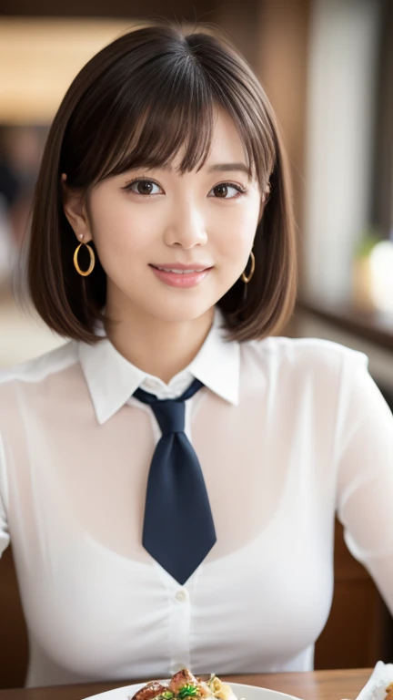 (masterpiece)、(Highest quality:1.5)、(Photorealistic:1.2)、(Surreal), (High resolution), (Realistic), (Post-processing),(Sharp focus), Sharp focus:1.2,Backlight, (Improvement of quality:1.4), (Narrow waist)、Big Ass、((Perfectly detailed five-fingered hands)),(Anatomically correct body)、((1 female:1.4))、Japanese、Realistic Skin、(Small chest:1.4)、Bust size is A cup、Pretty woman with perfect figure:1.4,(from the front:1.5), (Enhances the beauty of skin texture:1.1),No makeup、美しいBlack Hair、The best smile、Natural color lip、(Small Mouth:1.4)、The mouth is not open、Thick lips、(Oval Face)、Even bangs、Hide eyebrows with bangs、((33-year-old woman))、Bob Hair、Hair blowing in the wind, (Black Hair, Iris, Watery eyes, Shining Eyes, Bob Cut Hair, Small earrings,), Hair behind the ear、No makeup、(Drooping eyes)、(((One lovely woman)),((A big friendly smile)),(( Small breasts,Small breastsの谷間)),((((Plump Cheeks)))),((whole body:1.5)),very cute,(Baby Face),高級restaurantで、full-course dinner、Wine Party、Bright image、The beauty of wine, Beautiful Face, red wine 、Appetizers、Italian food、Wine bottle、Champagne、sparkling wine、(slimな顔), (The body is slim),restaurant, White wine, slim, wine glass, 中央に置かれたwine glass, Beautiful fine grain, Depth f/2,saturation, High Contrast, Strong light and shadow,Moist Body:1.5、3D texture、Delicate eyes、((In front of the food on the table:1.5))、White collar shirt and tie、erious expression