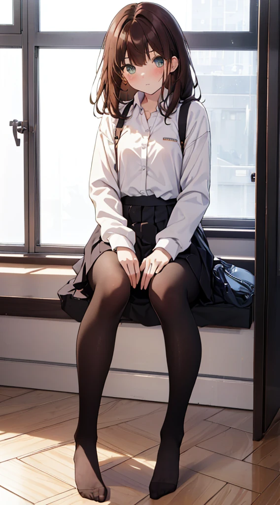 Top quality, masterpiece, High resolution, (Head to toe full body), front, frontやや下からの構図, Symmetric, Tall 18 year old girl, alone, (Head to toe), (Small breasts), Unkempt brown hair, bangs, (black tights), (Black Pantyhose), (Sit with your legs apart), (Crouching pose), (A composition showing white panties), (Her legs were spread、I see your white pants.), (I was made to sit on the floor with my legs spread..), (M-shaped legs), Thin legs, A very beautiful and tall 18 year old girl, (No shoes), blush, Shy big eyes, looking at the camera, Blazer Uniform, Checkered Pleated Skirt