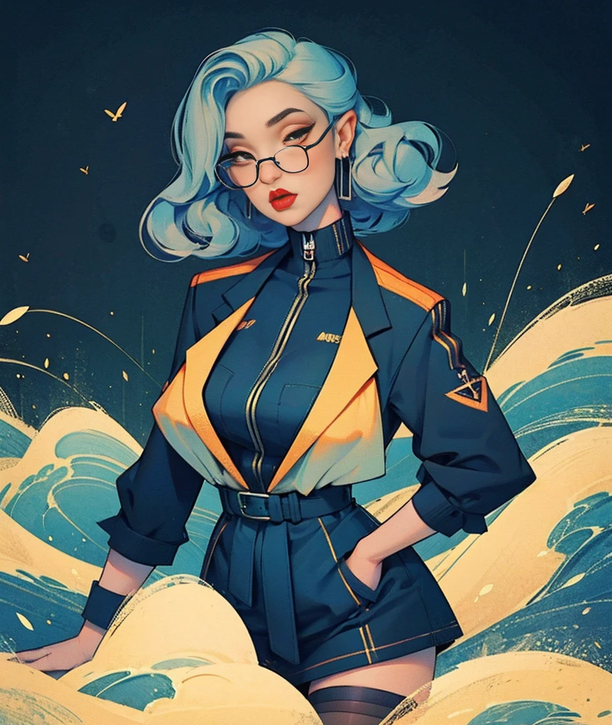 Masterpiece, best quality,1girl, standing in center of street, curvy waist,wave hair,blue highlights, wearing transparent glasses,,wide shot,sexy net stockings, oversized black jacket,goth makeup, lipstick, earings,net top,, intricate details,16k,ultra resolutions,ankymoore, looking at viewer, beautiful detailed face, intricate eyes,