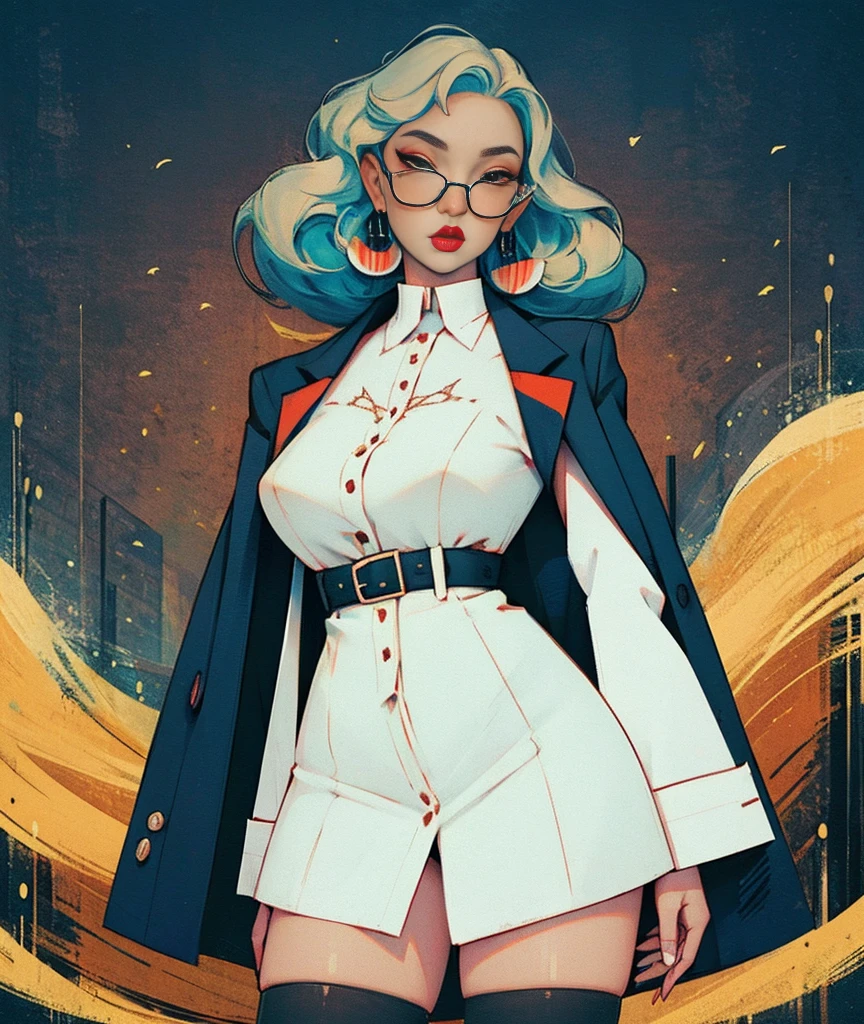 Masterpiece, best quality,1girl, standing in center of street, curvy waist,wave hair,blue highlights, wearing transparent glasses,,wide shot,sexy net stockings, oversized black jacket,goth makeup, lipstick, earings,net top,, intricate details,16k,ultra resolutions,ankymoore, looking at viewer, beautiful detailed face, intricate eyes,