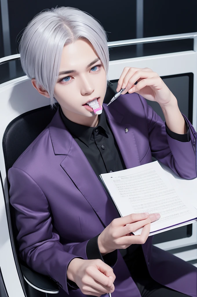 Gentle boy
Good-looking boy
slender
silver hair
Purple eyes
Cyber lab
Dark near-future lab
researcher
white coat
Chewing a pen
Chewing ballpoint pen with teeth
thinking
thinking
Illustration in cartoon style
Sitting in a luxurious black chair