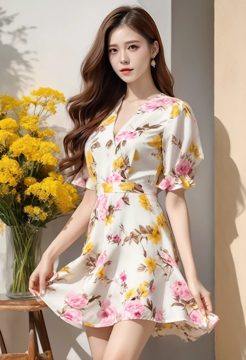An image of a woman who calmly loves, Detailed medium brown hair, Bright yellow detailed eyes with long eyelashes, White short dress with pink floral print, Detailed brown high heel sandals. full body image. shoes foot