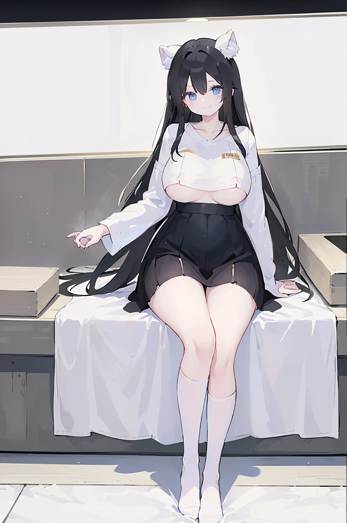masterpiece, 8K, Detailed face, best quality, Must be created as described,  (1 girl, alone, 20 years old, 158cm), (Black hair, long hair, Straight Hair, Bangs), (innocent, Big blue eyes like diamonds), (fair skin), (Wearing a simple white shirt, Shirt length no longer than thigh), (Black panties, Low waist style, Show your thighs), (Wearing only white socks), (Has black leather collar), (The expression looks shy, but with a smile), (light black background, movie lighting, Full body portrait, Facing the audience, Stand Up Straight, symmetry)