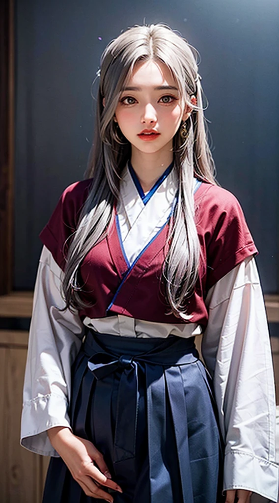 age girl with long, silver hair and glowing violet eyes. Fair skin, wearing a dark blue hakama skirt, white blouse, and red ribbon. Accessorized with intricate, mystical jewelry. Calm and composed demeanor, hint of magic and technology integration