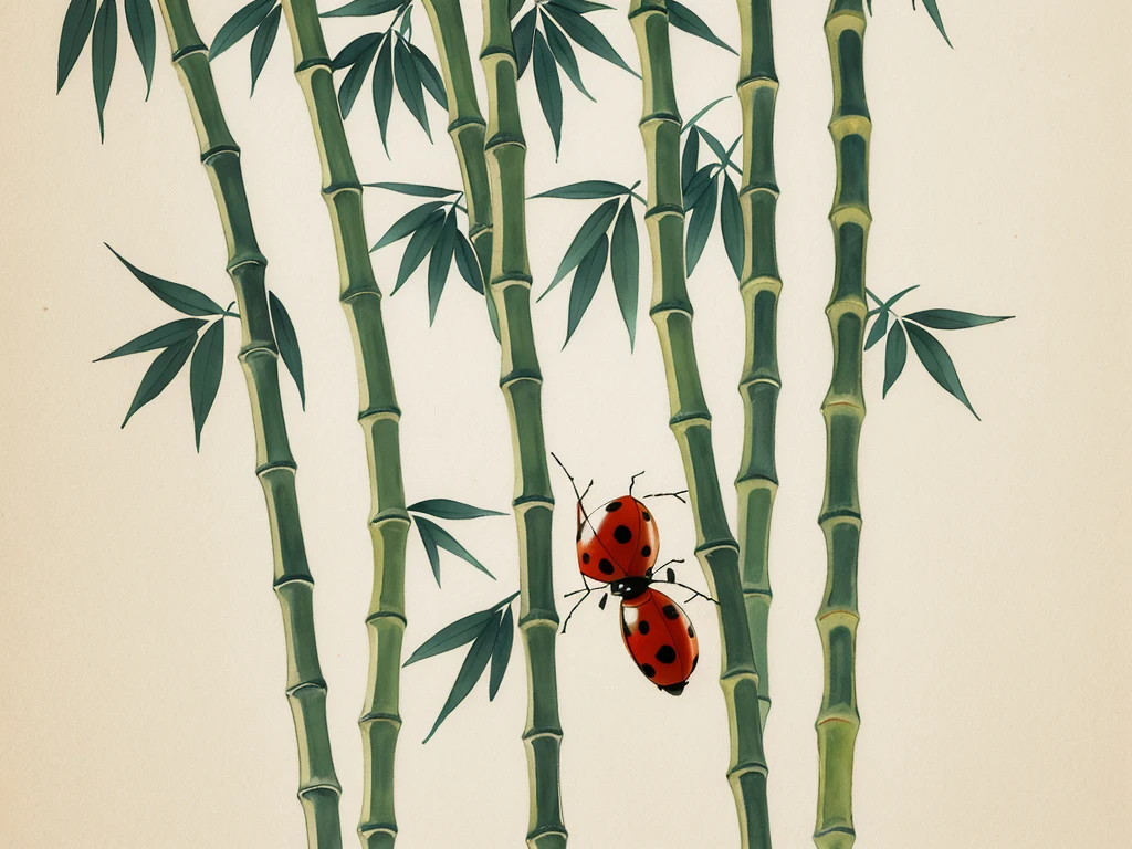 bamboo,A seven-star ladybug,Mostly left blank,Background accounts for two thirds,ink style,Chinese watercolor style,wallpaper art,Zen nature background,Beautiful proportions,solid color background,
