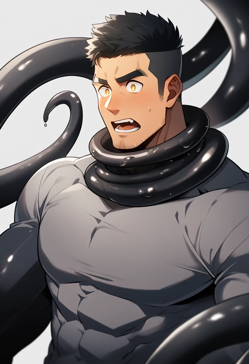anime characters:Superhero in tights, negro black skin, He was entangled by a large number of thick black tentacles, Very stout, Get into mouth, Slime Slug, Lots of mucus, Wrap around the neck, Tightly tied, Manliness, male focus, Yellow and black high collar long sleeve tight T-shirt, Slightly transparent material, Very tight, Round, full and perky chest muscles, Male dog waist, Slightly transparent, muscular male, muscular, only, Upper body, alone, Black short hair, Thick eyebrows, stubble, Yellow eyes, Grey background, simple background, amazing quality, best aesthetics, Ridiculous, bright pupils, crew cut, parted lips, blush, open mouth, scared, drop shadow, best quality