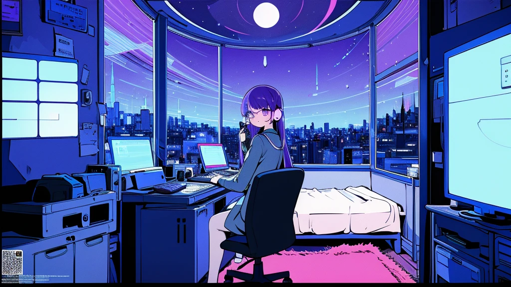 (from behind), Anime girl sitting in front of a computer in a cozy bedroom, Girl listening to music while studying in a cozy room (night), round glasses, Using headphones, on the roof, (beautiful night views from windows), lots of things, 2D anime style, The aesthetics of anime in the 90s, lo-fi, long hair, very detailed, Hard disk, A mix of anime style and Fujifilm, surreal, 8K, masterpiece, violet eyes,black gloves, round glasses, long sleeves,violet hair, Flat Chest, smile, pantyhose