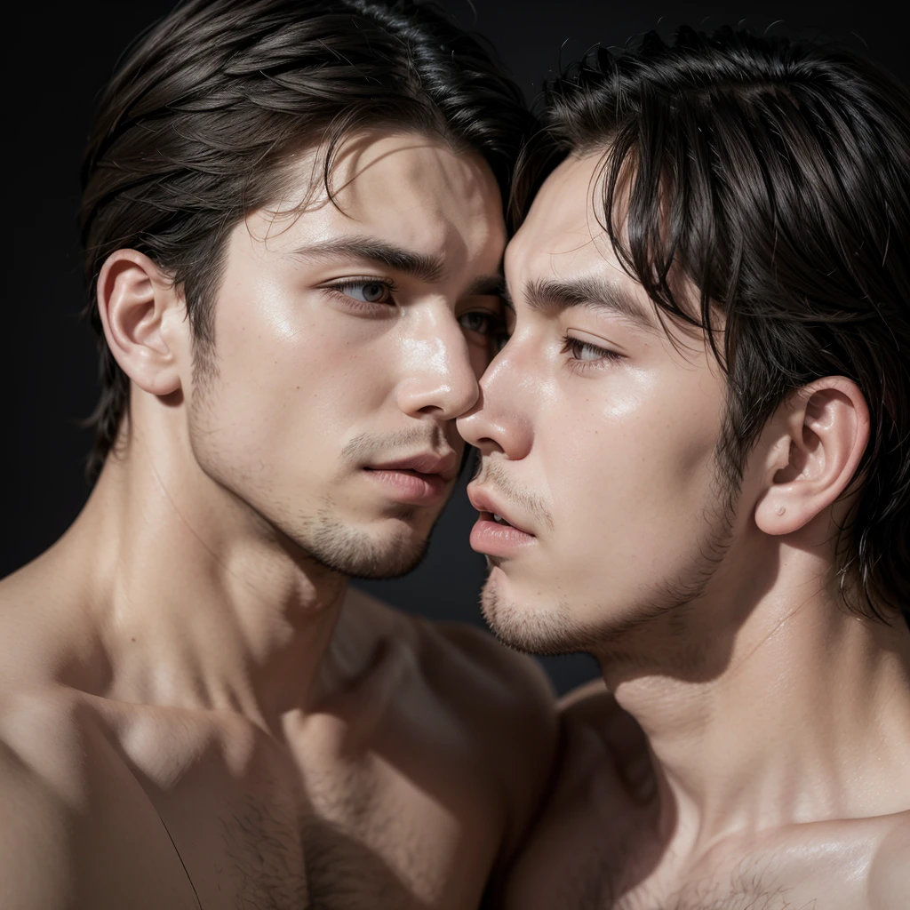 Two strong men kissing, realisitic.