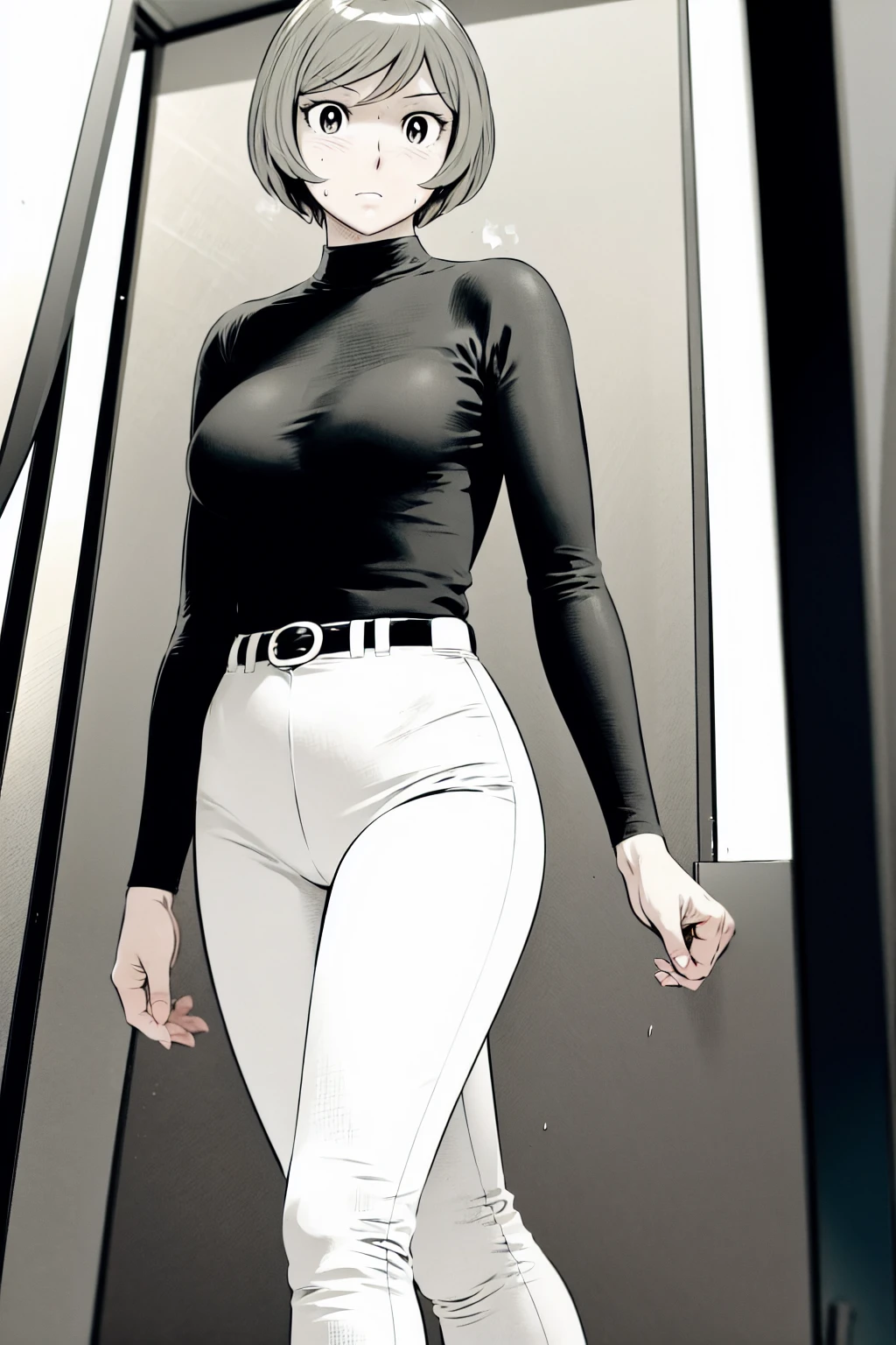 、(masterpiece、Highest quality)、Highest quality, Ultra-high resolution, (((masterpiece))), alone, Sweat、Big eyes,Tight black shirt、Tight white pants、belt、indoor、Composition from the front、(Cut the back hair short、short hair、blonde、woman)、Shortcuts、Embarrassed face、Cut your hair short、可愛いwomanの子、Big Breasts、office