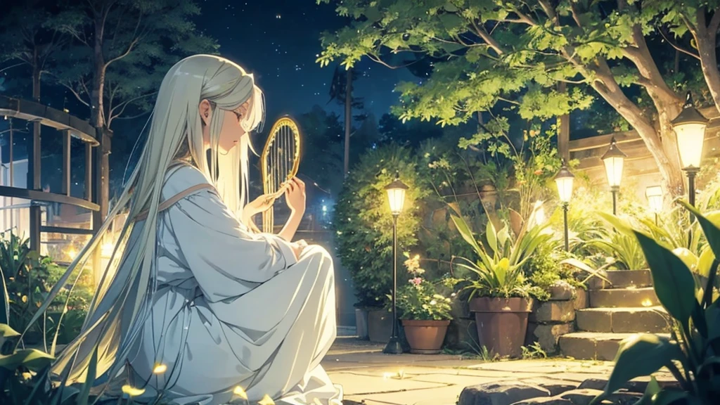 Mellow, an anime-style female character with long, straight hair and a serene expression, in a garden at night surrounded by fireflies. The scene is cozy and softly lit with a harp nearby. The ambiance is whispering vocal, easy listening, and lo-fi hip-hop.